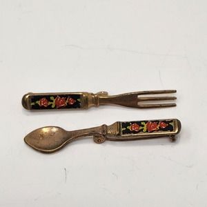 Spoon Fork Floral Enamel Handles Brooch Pin Set Vintage Costume Jewelry